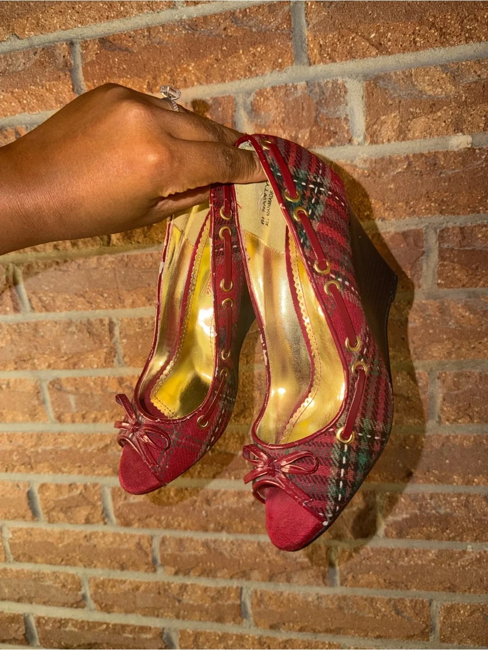 Red Plaid Peep-Toe Wedge Heels - Women